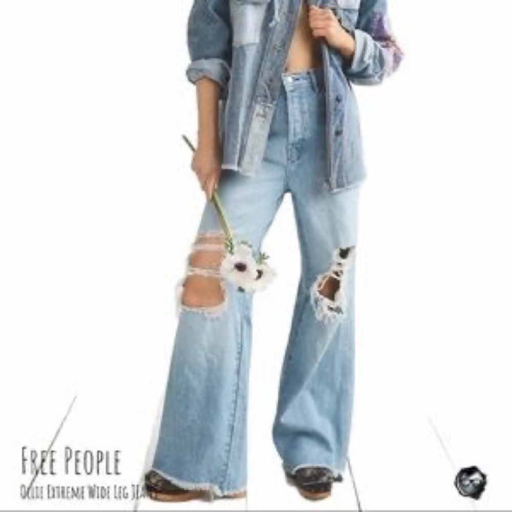 Free People Light Wash Distressed Wide-Leg Jeans